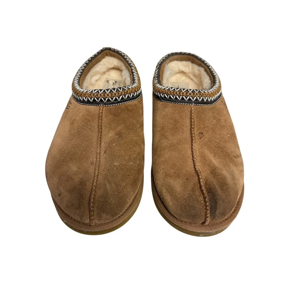 UGG Tasman Slippers Women 9.5/10 Chestnut Brown Suede Sheepskin Braid Trim - Picture 5 of 8